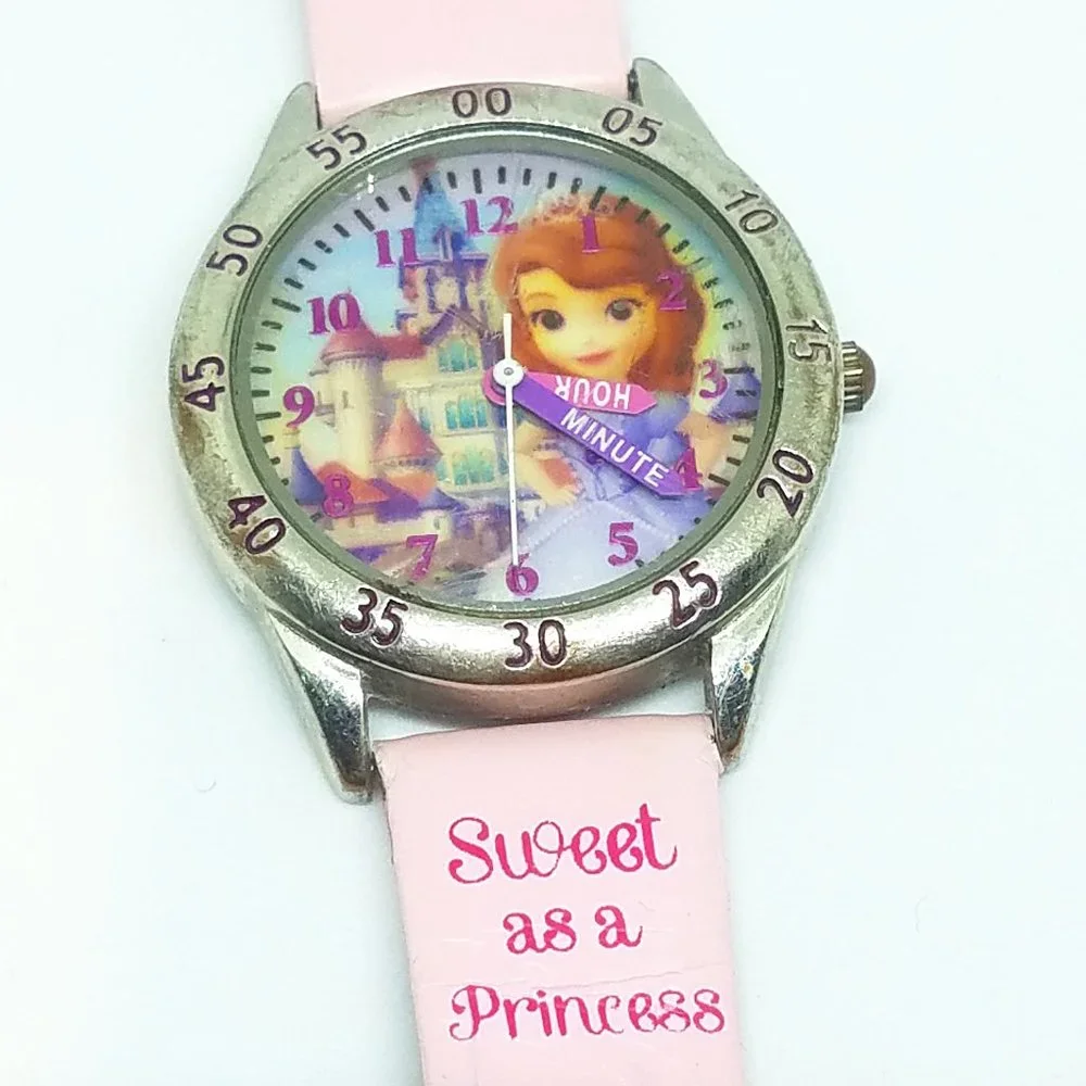 Teach How Tell Time - Disney Princess Castle Pink Leather Band Child Girl Watch